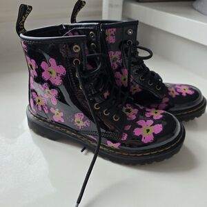 Dr. Martens Glossy Black Boots with Pink Floral Pattern